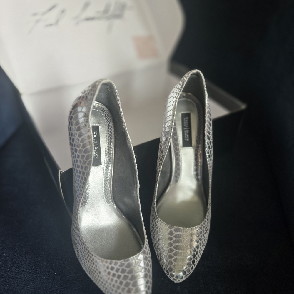 White House Black Market Silver Snakeskin Heels